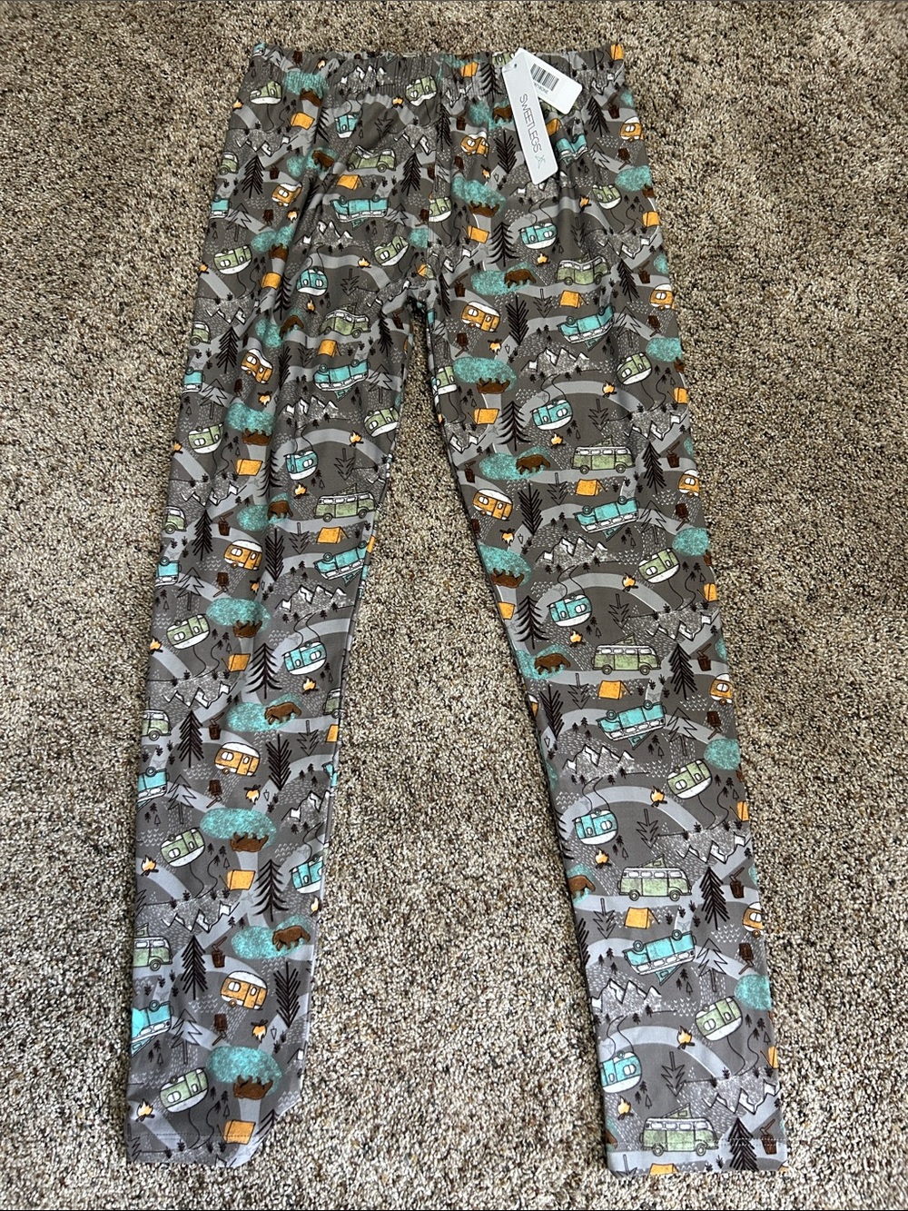 Womens Gray Camping Print Leggings with Teal & Mustard Accents